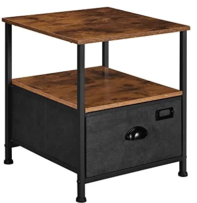 SONGMICS Nachttisch mit 2 Ablagen und 1 Schublade - rustikales braunes MDF und schwarzes Kunstwildleder/Metall (41x41)
